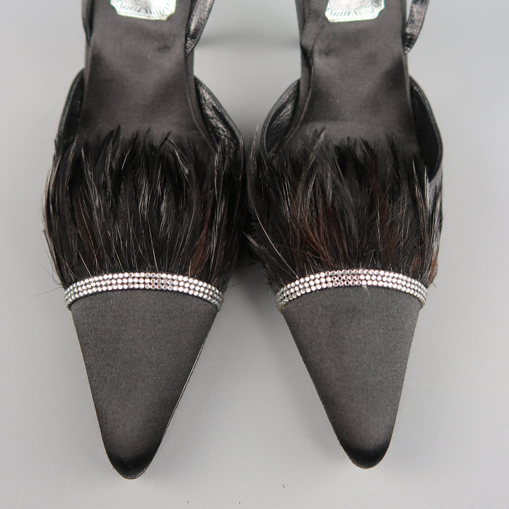 RENE CAOVILLA Size 10 Black Silk Feather & Rhinestone Pointed Slingback Pumps