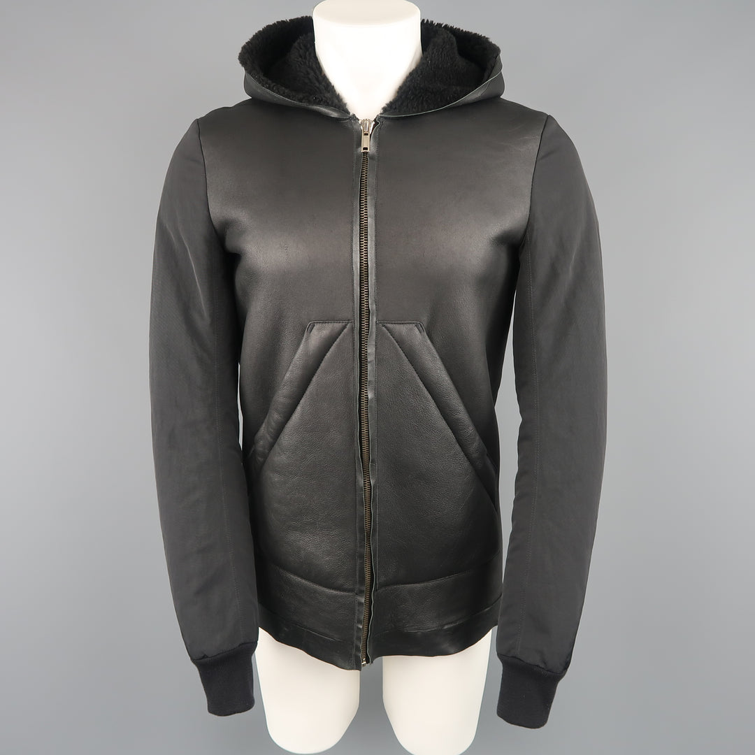 RICK OWENS 38 Black Shearling Lined Leather Nylon Down Sleeve Jacket