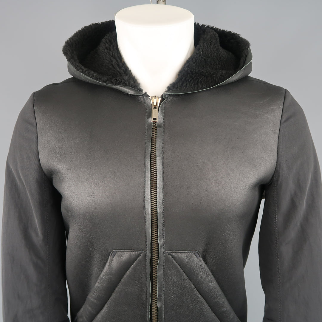 RICK OWENS 38 Black Shearling Lined Leather Nylon Down Sleeve Jacket