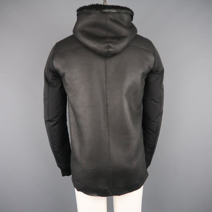 RICK OWENS 38 Black Shearling Lined Leather Nylon Down Sleeve Jacket
