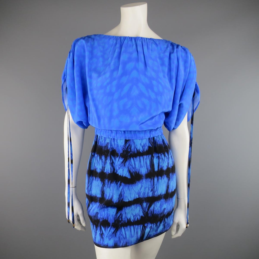 ROBERTO CAVALLI 4 Blue & Black Cheetah & Tie Dye Silk DRawstring Sleev Sui Generis Designer Consignment ROBERTO CAVALLI 4 Blue & Black Cheetah & Tie Dye Silk DRawstring Sleev Sui Generis Designer Consignment