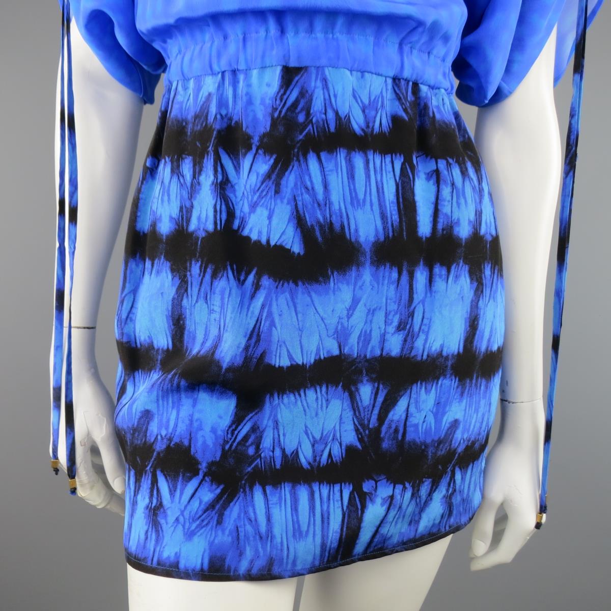ROBERTO CAVALLI 4 Blue & Black Cheetah & Tie Dye Silk DRawstring Sleeve Dress