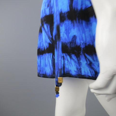 ROBERTO CAVALLI 4 Blue & Black Cheetah & Tie Dye Silk DRawstring Sleeve Dress
