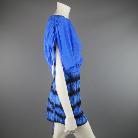 ROBERTO CAVALLI 4 Blue & Black Cheetah & Tie Dye Silk DRawstring Sleeve Dress