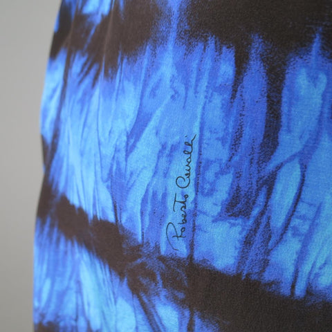ROBERTO CAVALLI 4 Blue & Black Cheetah & Tie Dye Silk DRawstring Sleeve Dress