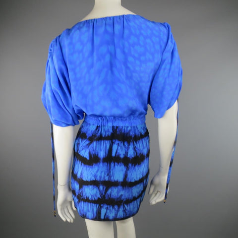 ROBERTO CAVALLI 4 Blue & Black Cheetah & Tie Dye Silk DRawstring Sleeve Dress