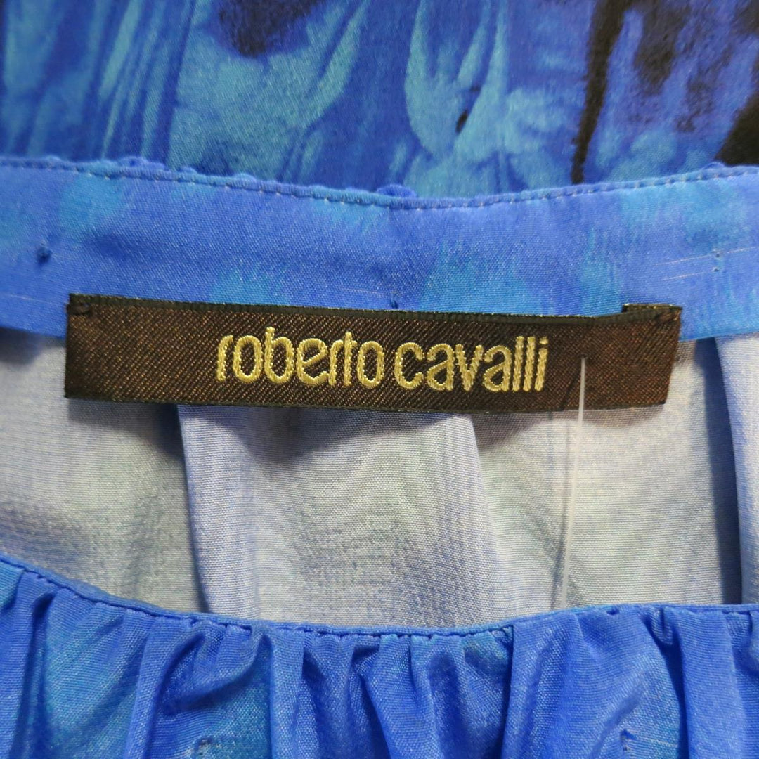 ROBERTO CAVALLI 4 Vestido azul y negro con mangas con cordón de seda con efecto tie-dye y guepardo