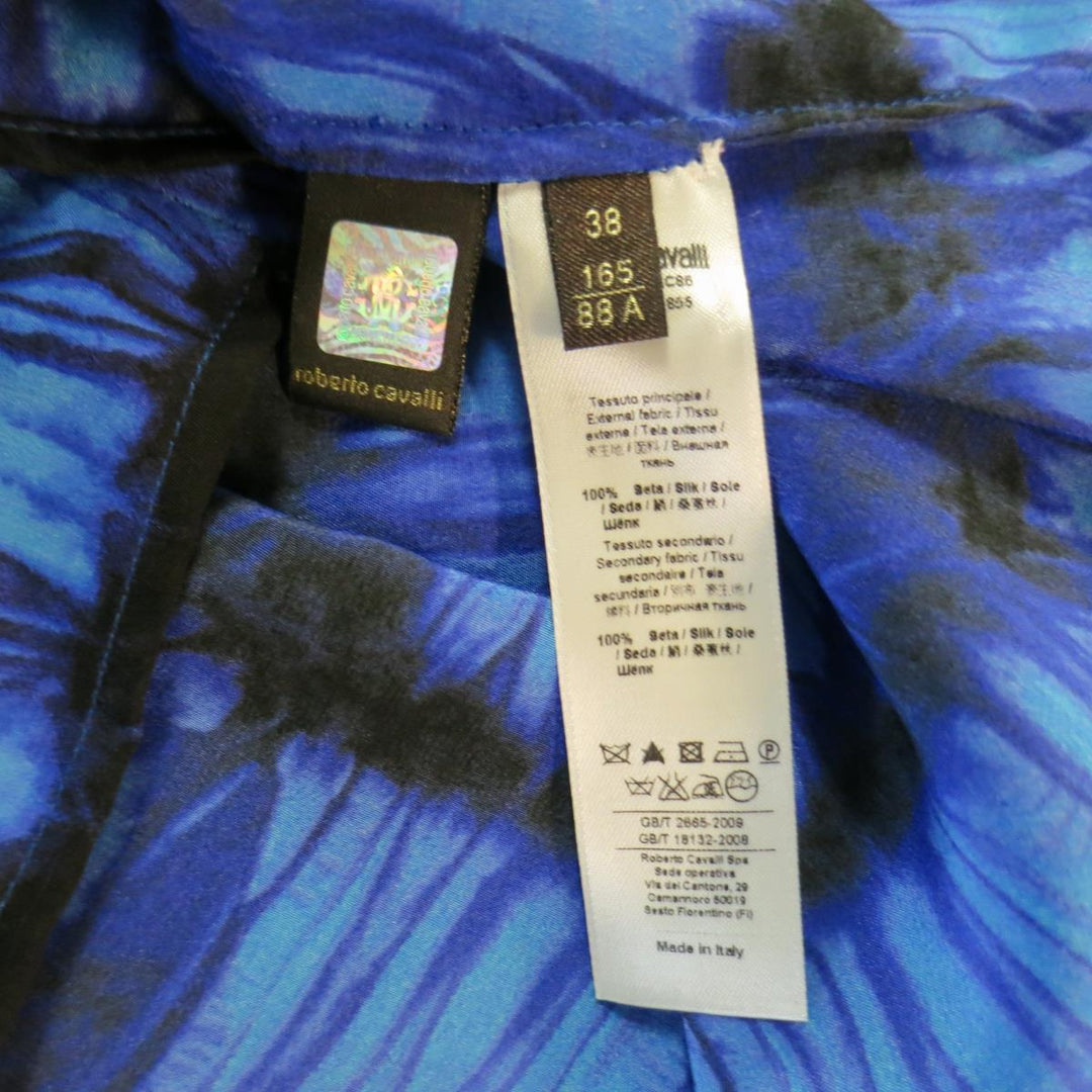 ROBERTO CAVALLI 4 Vestido azul y negro con mangas con cordón de seda con efecto tie-dye y guepardo