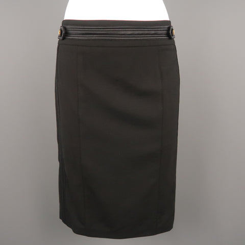 ROBERTO CAVALLI Size 6 Black Satin Trim Gold Button Tab Pencil Skirt