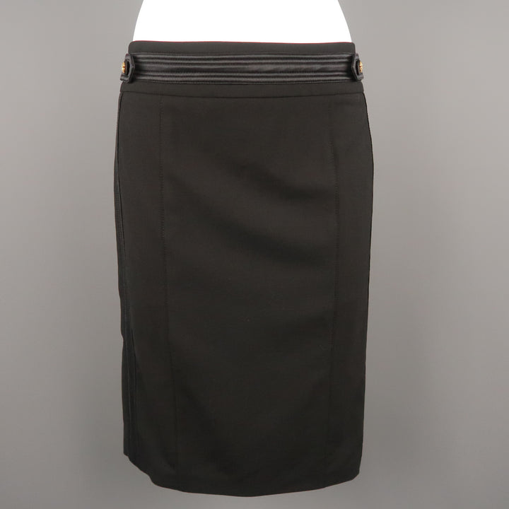 ROBERTO CAVALLI Size 6 Black Satin Trim Gold Button Tab Pencil Skirt