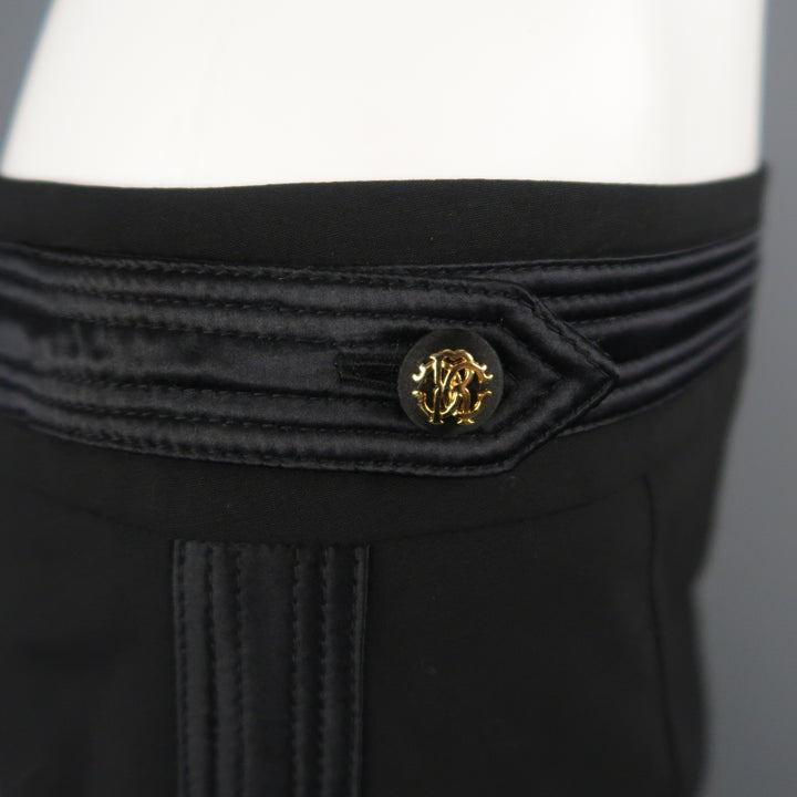ROBERTO CAVALLI Size 6 Black Satin Trim Gold Button Tab Pencil Skirt