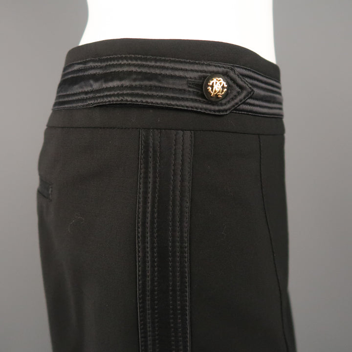 ROBERTO CAVALLI Size 6 Black Satin Trim Gold Button Tab Pencil Skirt