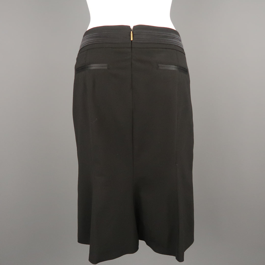 ROBERTO CAVALLI Size 6 Black Satin Trim Gold Button Tab Pencil Skirt