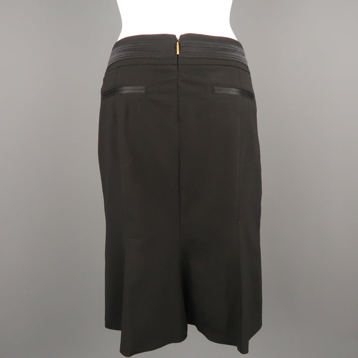ROBERTO CAVALLI Size 6 Black Satin Trim Gold Button Tab Pencil Skirt