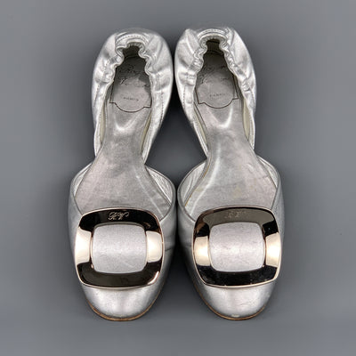 ROGER VIVIER Size 6.5 Silver Leather Chips Buckle Flats