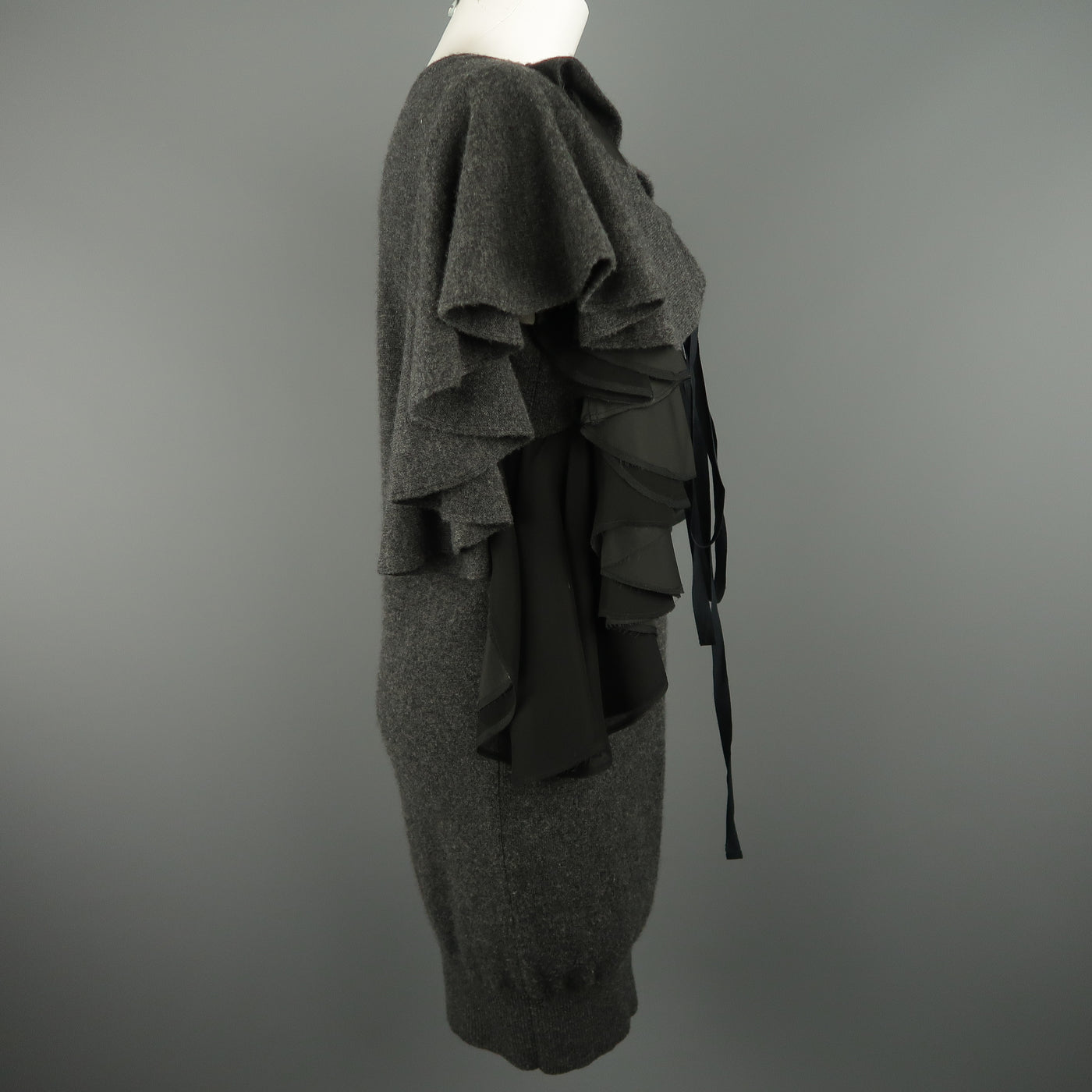 SACAI Size M Grey Wool Knit Black Silk Ruffle Bow Sweater Dress