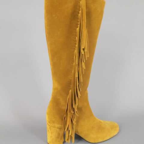 SAINT LAURENT Taille 8,5 Bottes hautes à franges en daim beige 