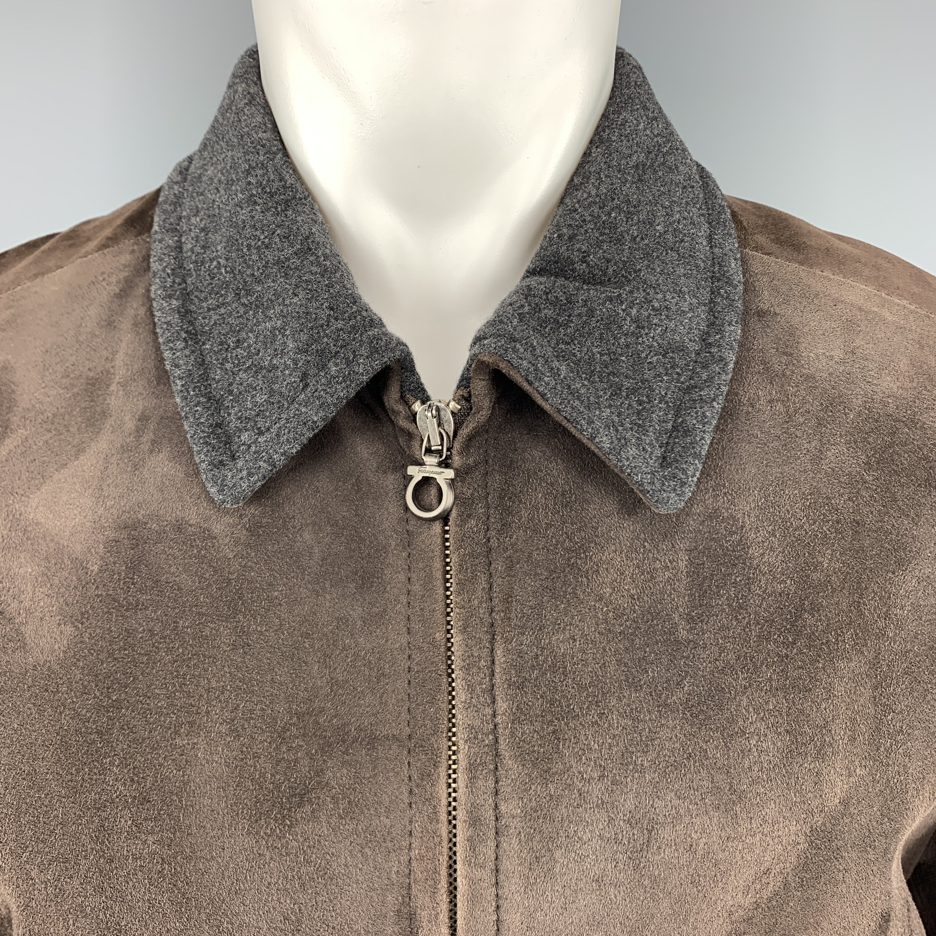 SALVATORE FERRAGAMO 38 Brown Suede Grey Collar Jacket – Sui