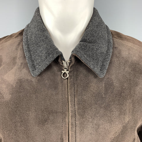 SALVATORE FERRAGAMO 38 Brown Suede Grey Collar Jacket