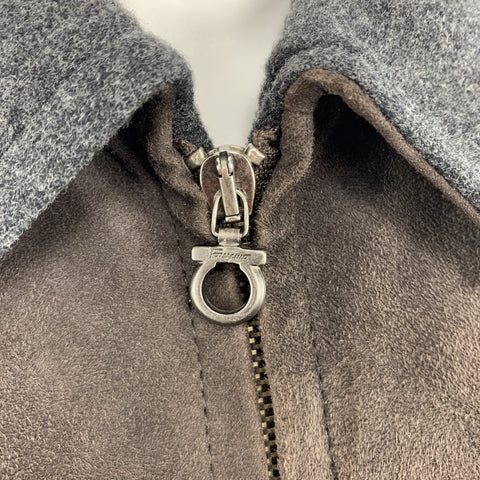SALVATORE FERRAGAMO 38 Brown Suede Grey Collar Jacket