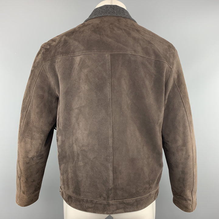 SALVATORE FERRAGAMO 38 Brown Suede Grey Collar Jacket