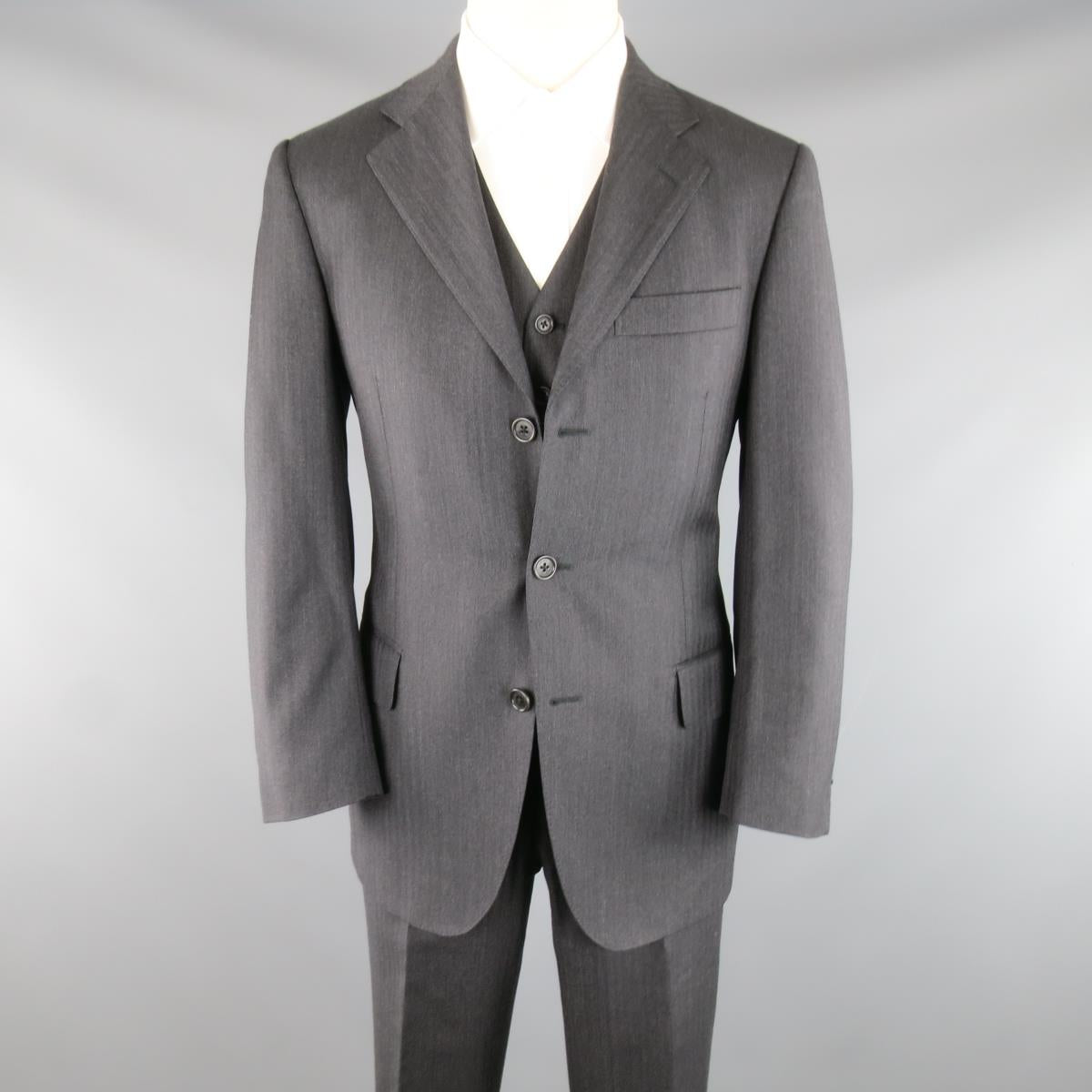 SALVATORE FERRAGAMO 38 Regular Charcoal Herringbone Wool 3 Piece