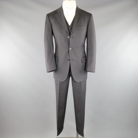 SALVATORE FERRAGAMO 38 Regular Charcoal Herringbone Wool 3 Piece Suit