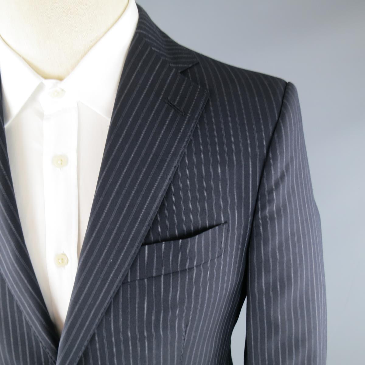 SALVATORE FERRAGAMO 38 Regular Navy Pinstripe Wool Notch