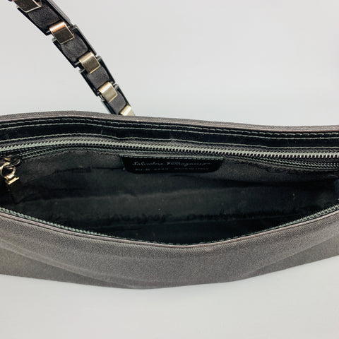 SALVATORE FERRAGAMO Black Twill Metal Woven Logo Chan Strap Handbag