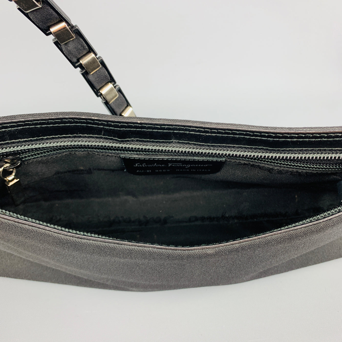 SALVATORE FERRAGAMO Black Twill Metal Woven Logo Chan Strap Handbag