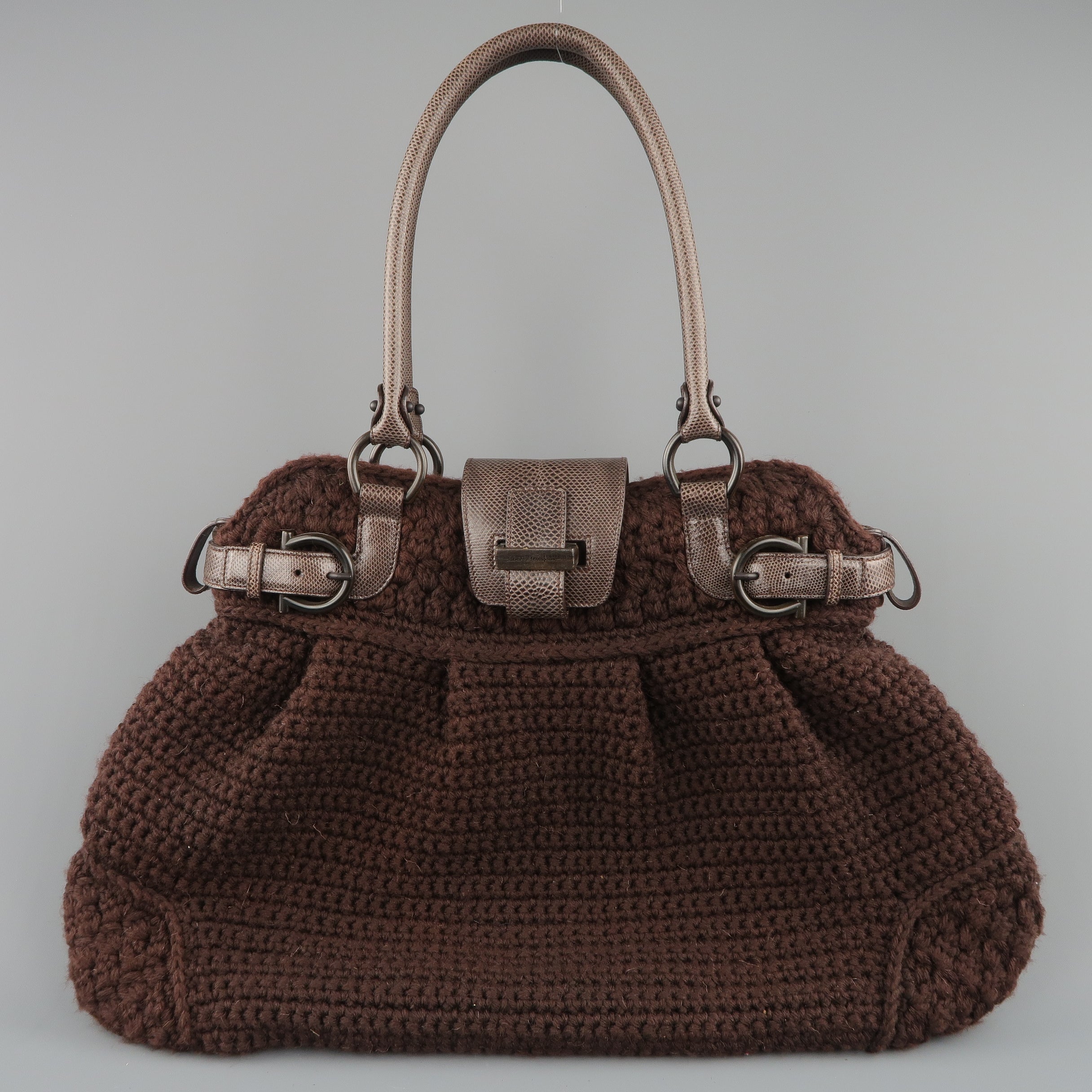 SALVATORE FERRAGAMO Brown Crochet Knit Leather Top Handles Handbag