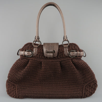 SALVATORE FERRAGAMO Brown Crochet Knit Leather Top Handles Handbag