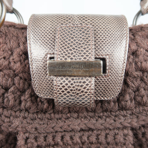 SALVATORE FERRAGAMO Brown Crochet Knit Leather Top Handles Handbag