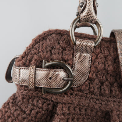 SALVATORE FERRAGAMO Brown Crochet Knit Leather Top Handles Handbag