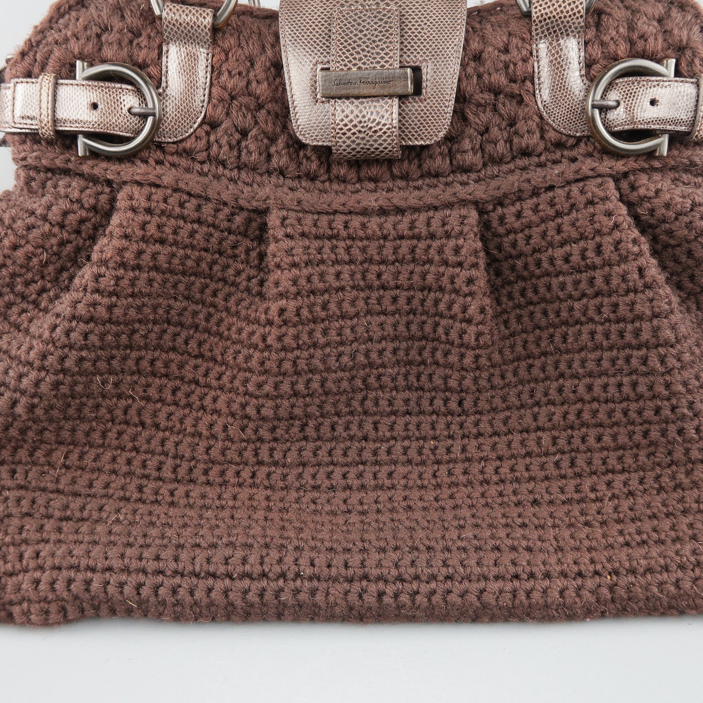 SALVATORE FERRAGAMO Brown Crochet Knit Leather Top Handles Handbag