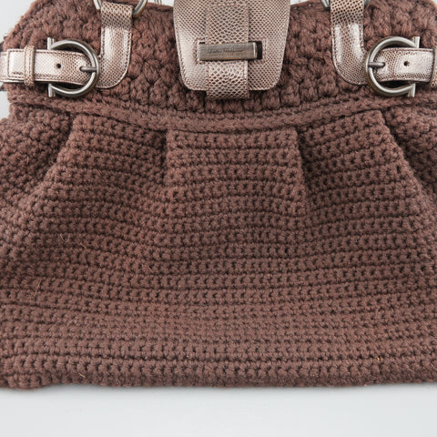 SALVATORE FERRAGAMO Brown Crochet Knit Leather Top Handles Handbag