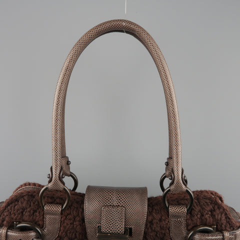 SALVATORE FERRAGAMO Brown Crochet Knit Leather Top Handles Handbag
