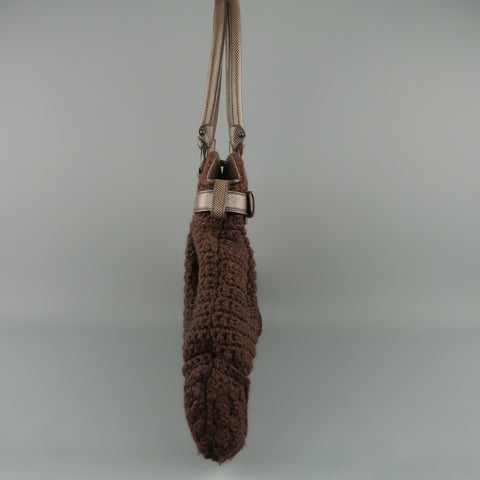 SALVATORE FERRAGAMO Brown Crochet Knit Leather Top Handles Handbag