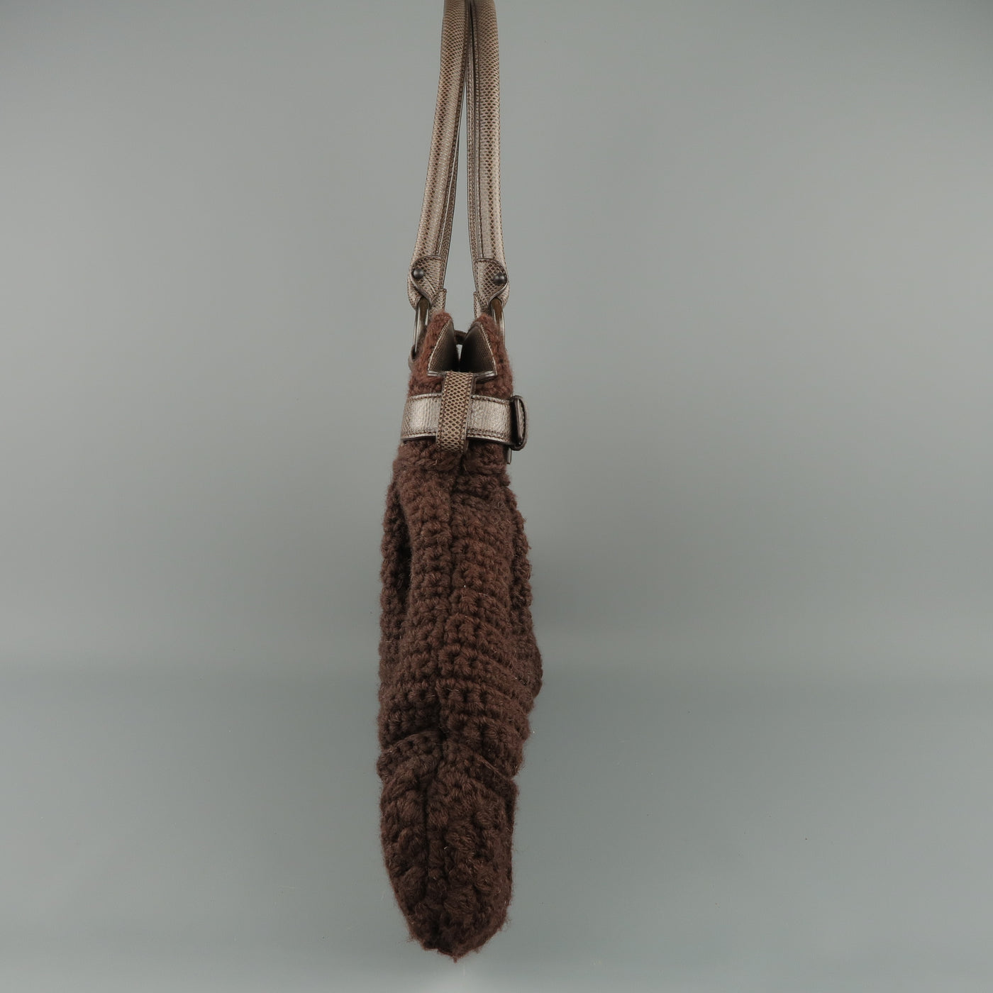 SALVATORE FERRAGAMO Brown Crochet Knit Leather Top Handles Handbag