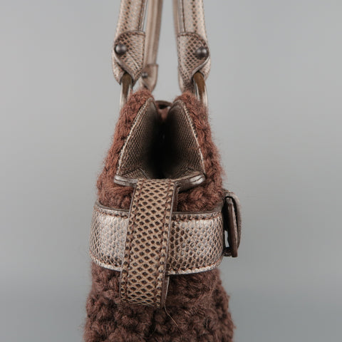 SALVATORE FERRAGAMO Brown Crochet Knit Leather Top Handles Handbag