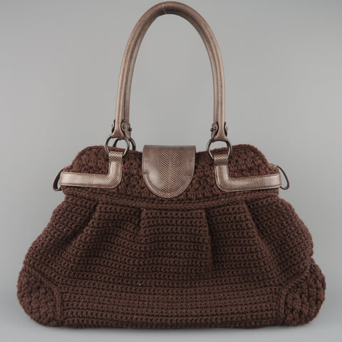 SALVATORE FERRAGAMO Brown Crochet Knit Leather Top Handles Handbag