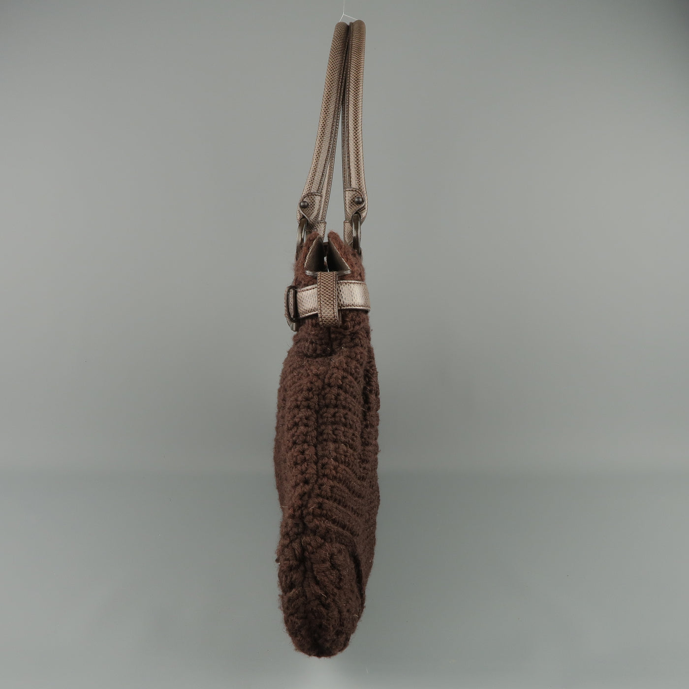 SALVATORE FERRAGAMO Brown Crochet Knit Leather Top Handles Handbag