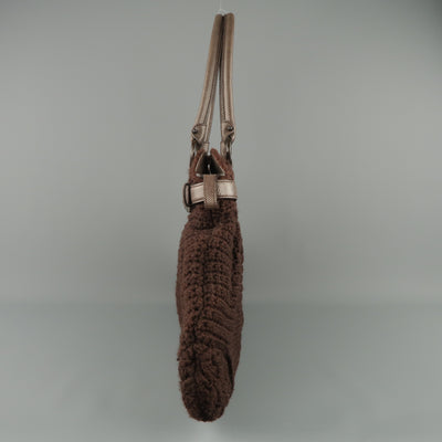 SALVATORE FERRAGAMO Brown Crochet Knit Leather Top Handles Handbag