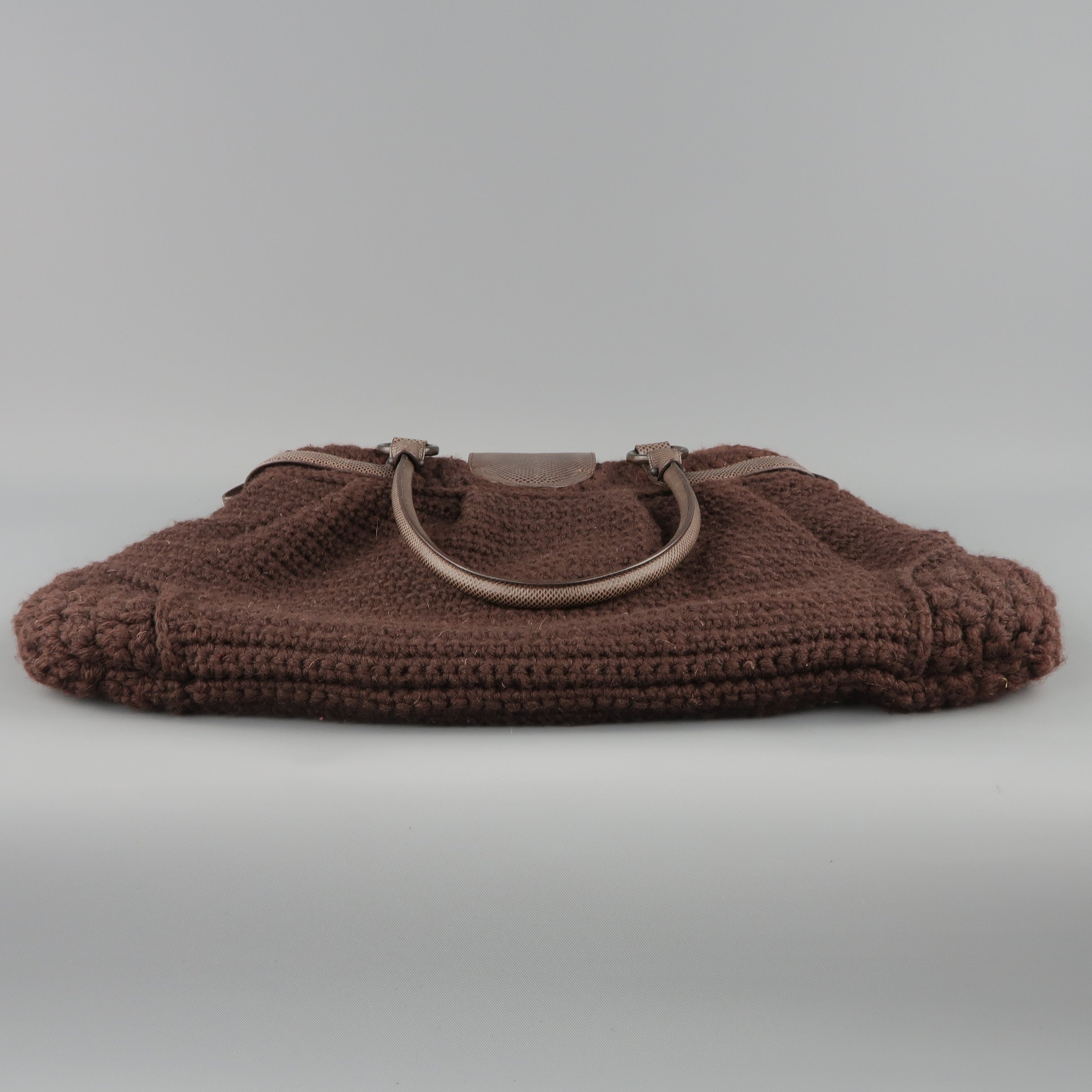 SALVATORE FERRAGAMO Brown Crochet Knit Leather Top Handles Handbag