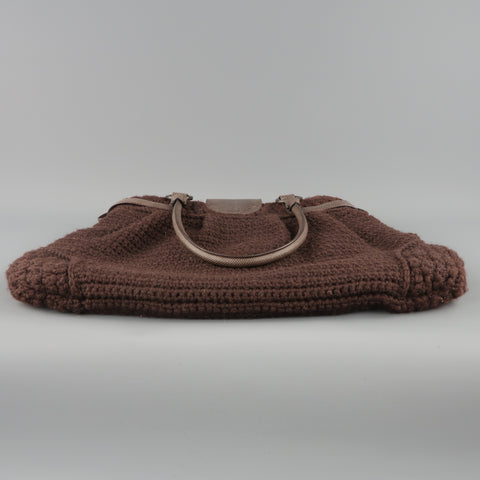 SALVATORE FERRAGAMO Brown Crochet Knit Leather Top Handles Handbag