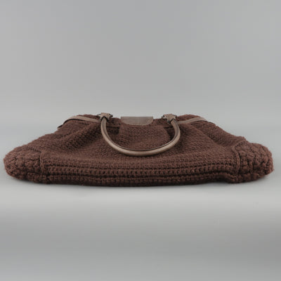 SALVATORE FERRAGAMO Brown Crochet Knit Leather Top Handles Handbag