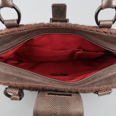 SALVATORE FERRAGAMO Brown Crochet Knit Leather Top Handles Handbag