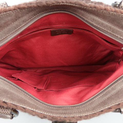 SALVATORE FERRAGAMO Brown Crochet Knit Leather Top Handles Handbag