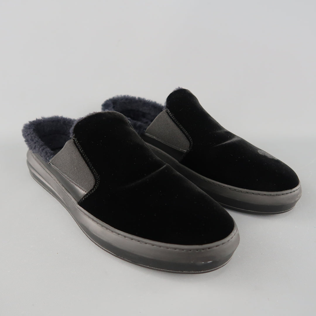 SALVATORE FERRAGAMO Size 11 Black Velvet Fur Lined Slip Loafers
