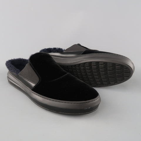 SALVATORE FERRAGAMO Size 11 Black Velvet Fur Lined Slip Loafers